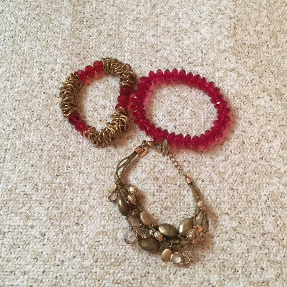 Gold Bronze & Ruby Red Tone Bracelet Set Boho